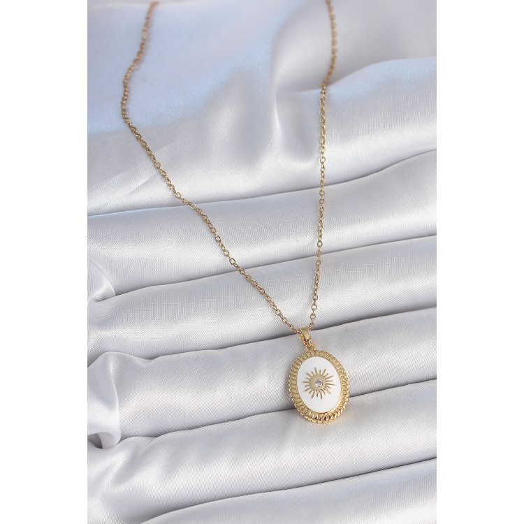 316L Çelik Gold Renk Zincir Beyaz Mineli Güneş İşlemeli Zirkon Taş Detaylı Madalyon Model Kadın Kolye - TJ-BKO10055