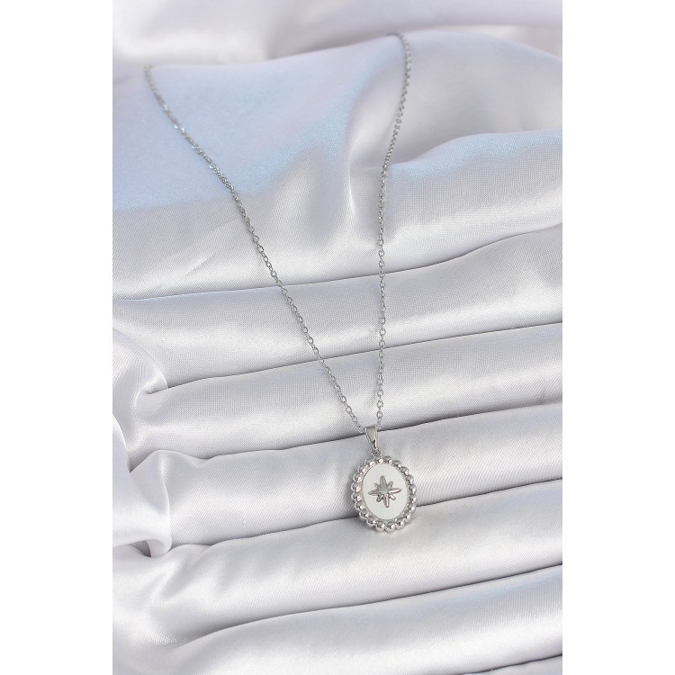 316L Çelik Gümüş Renk Zincir Beyaz Mineli Kutup Yıldız İşlemeli Madalyon Model Kadın Kolye - TJ-BKO10062