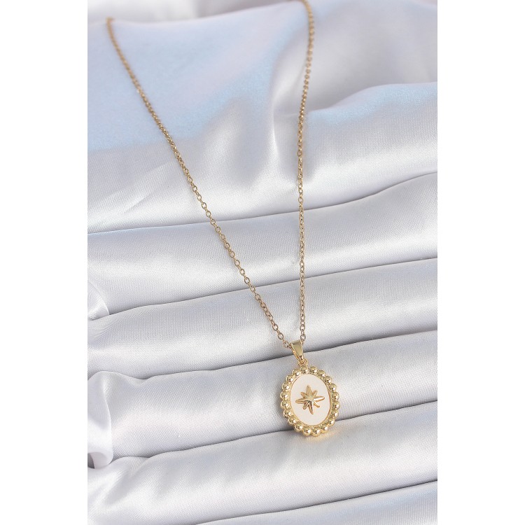 316L Çelik Gold Renk Zincir Beyaz Mineli Kutup Yıldız İşlemeli Madalyon Model Kadın Kolye - TJ-BKO10063
