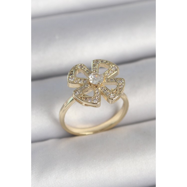 Pirinç Gold Renk Zirkon Taşlı Yonca Model Ayarlanabilir Kadın Yüzük - TJ-BYK3719 Pirinç Gold Renk Zirkon Taşlı Yonca Model Ayarlanabilir Kadın Yüzük - TJ-BYK3719