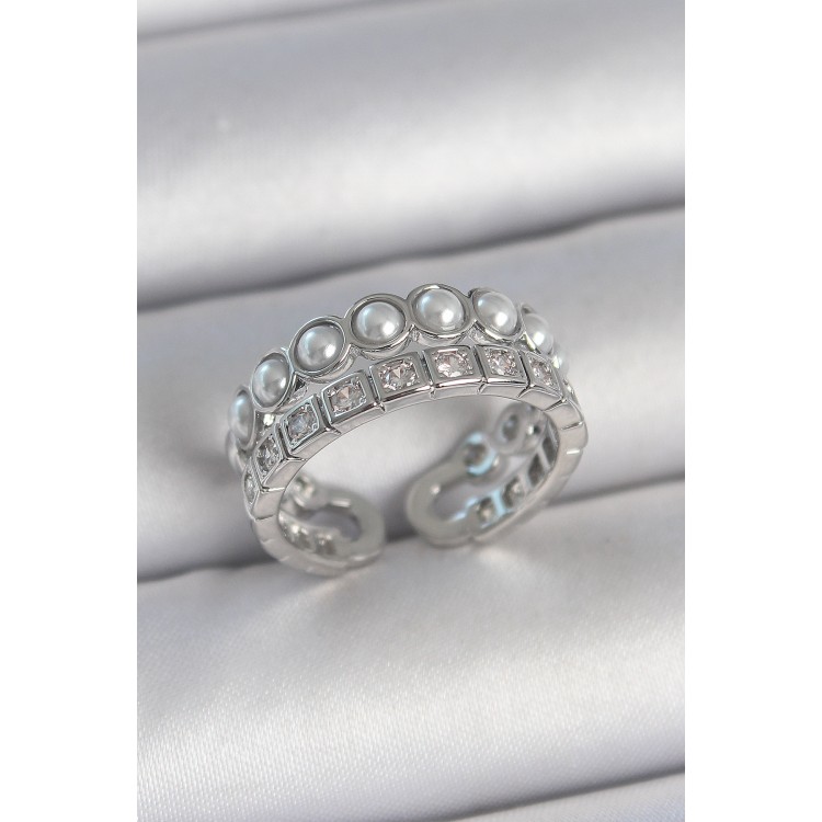 Pirinç Gümüş Renk 2'Li Sıra Zirkon Taşlı Ve İncili Ayarlanabilir Kadın Yüzük - TJ-BYK3720