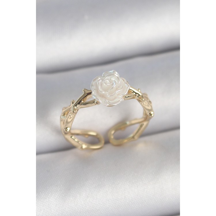 Pirinç Gold Renk Beyaz Gül Model Ayarlanabilir Kadın Yüzük - TJ-BYK3731 Pirinç Gold Renk Beyaz Gül Model Ayarlanabilir Kadın Yüzük - TJ-BYK3731