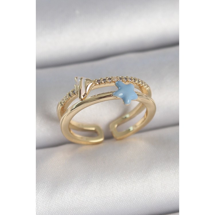 Pirinç Gold Renk 2'Li Zirkon Taşlı Mavi Yıldız Figür Ayarlanabilir Kadın Yüzük - TJ-BYK3739