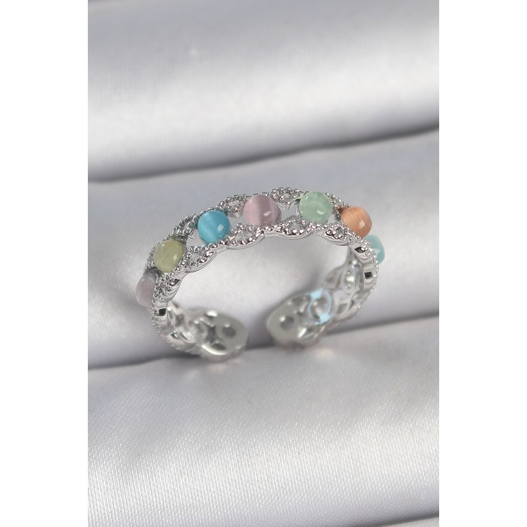 Pirinç Gümüş Renk Renkli Mineli Ayarlanabilir Kadın Yüzük - TJ-BYK3746 Pirinç Gümüş Renk Renkli Mineli Ayarlanabilir Kadın Yüzük - TJ-BYK3746