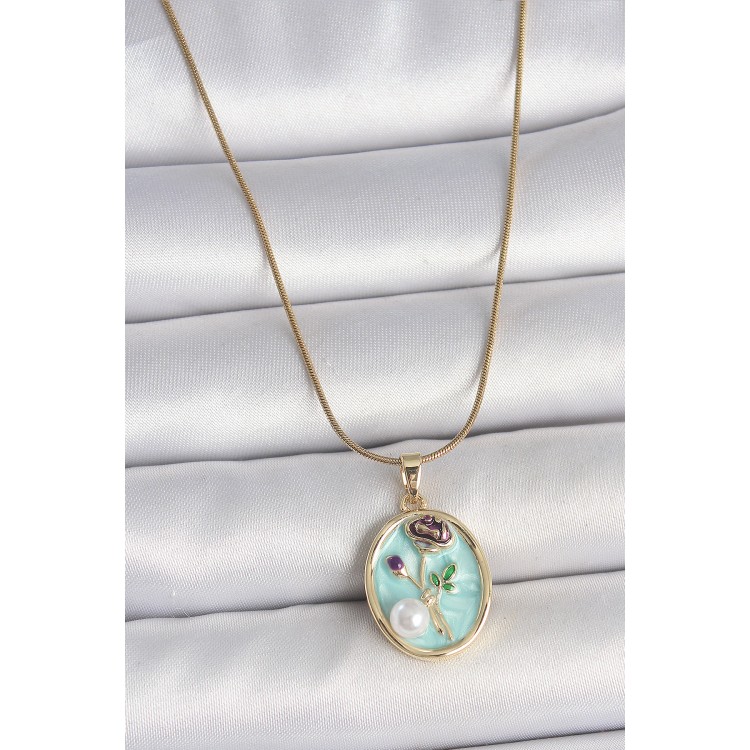 316L Çelik Gold Renk Zincir Mavi Çiçek İşlemeli İnci Detay Portre Model Kadın Kolye - TJ-BKO10076
