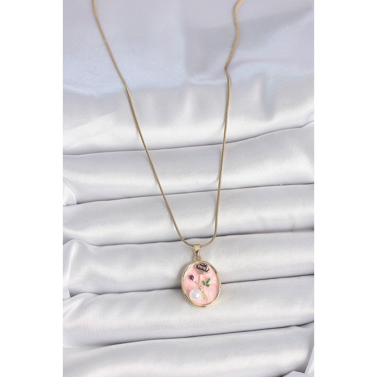316L Çelik Gold Renk Zincir Pembe Çiçek İşlemeli İnci Detay Portre Model Kadın Kolye - TJ-BKO10077 316L Çelik Gold Renk Zincir Pembe Çiçek İşlemeli İnci Detay Portre Model Kadın Kolye - TJ-BKO10077