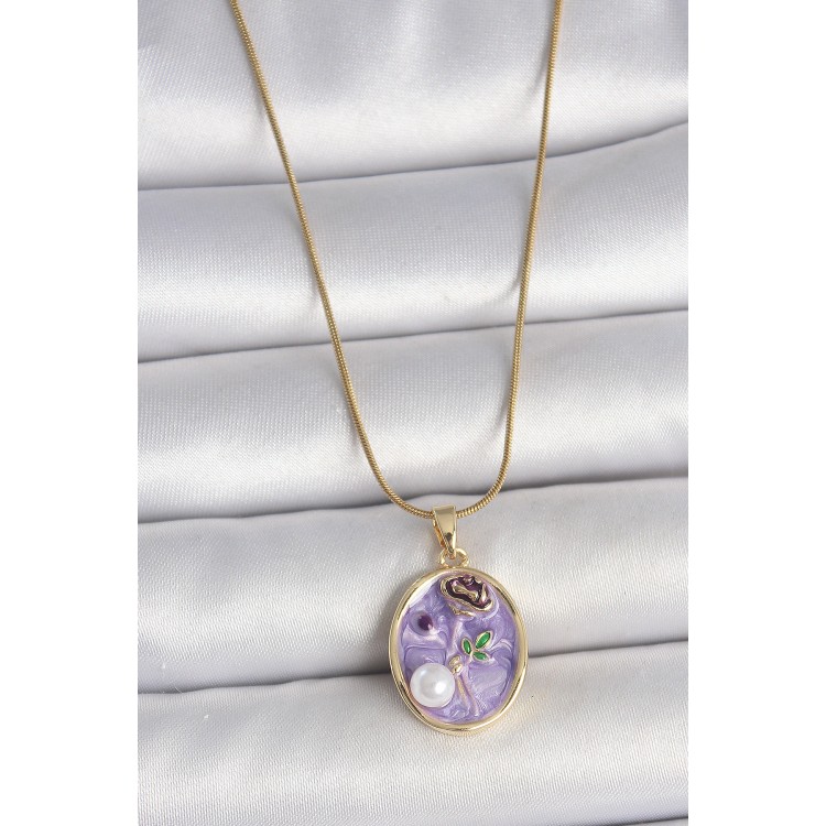 316L Çelik Gold Renk Zincir Mor Çiçek İşlemeli İnci Detay Portre Model Kadın Kolye - TJ-BKO10078 316L Çelik Gold Renk Zincir Mor Çiçek İşlemeli İnci Detay Portre Model Kadın Kolye - TJ-BKO10078