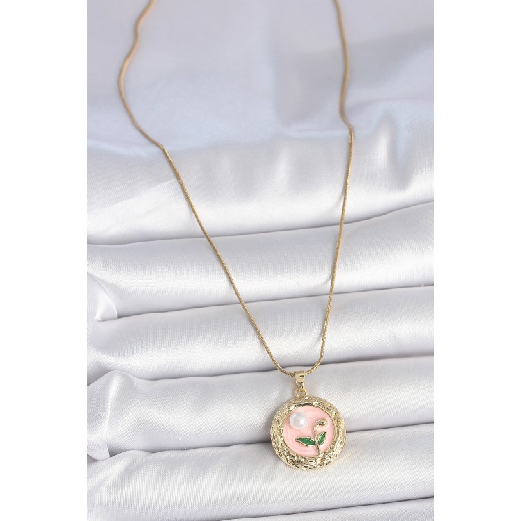 316L Çelik Gold Renk Zincir Pembe Çiçek İşlemeli inci Detay Portre Model Kadın Kolye - TJ-BKO10079 316L Çelik Gold Renk Zincir Pembe Çiçek İşlemeli inci Detay Portre Model Kadın Kolye - TJ-BKO10079