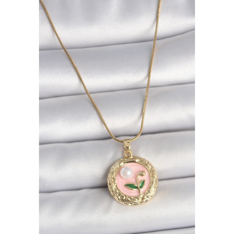 316L Çelik Gold Renk Zincir Pembe Çiçek İşlemeli inci Detay Portre Model Kadın Kolye - TJ-BKO10079