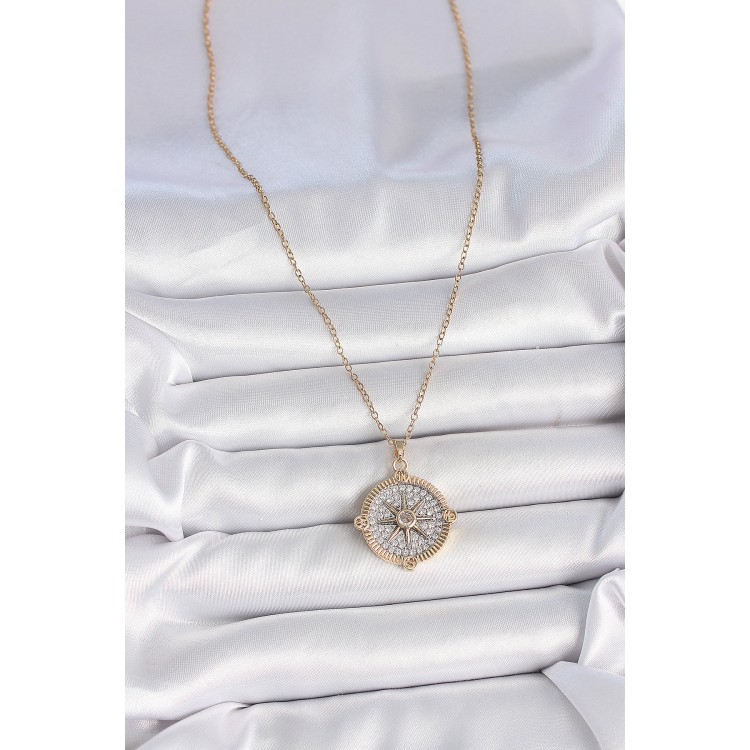 316L Çelik Gold Renk Zirkon Taşlı Pusula Model Kadın Kolye - TJ-BKO10093