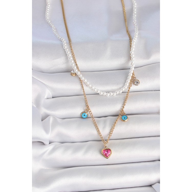 316L Çelik Gold Renk 2'Li İnci Zincir Model Pembe Taşlı Kalp Figür Nazar Boncuk Detay Kadın Kolye - TJ-BKO10112