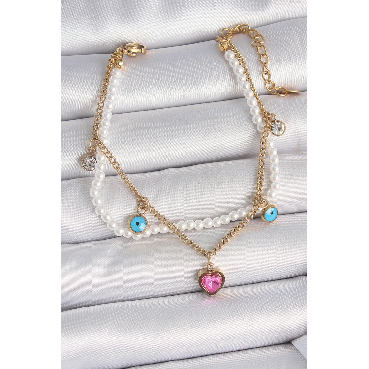 316L Çelik Gold Renk 2'Li İncili Zincir Sallantı Pembe Kalp Model Nazar Boncuk Detay Kadın Bileklik - TJ-BB6949