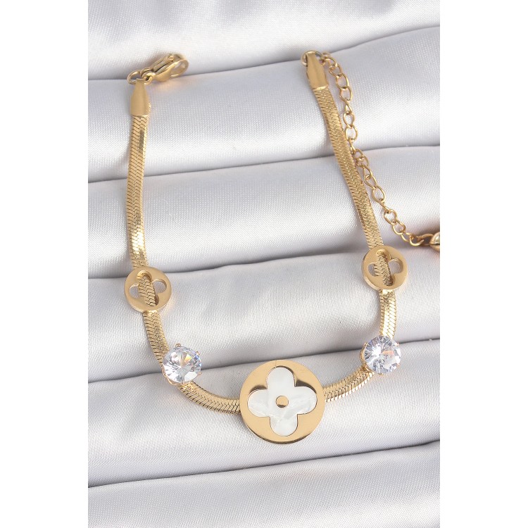 316L Çelik Gold Renk İtalyan Zincir Beyaz Mineli Yonca Model Zirkon Taş Detaylı Kadın Bileklik - TJ-BB6954 316L Çelik Gold Renk İtalyan Zincir Beyaz Mineli Yonca Model Zirkon Taş Detaylı Kadın Bileklik - TJ-BB6954