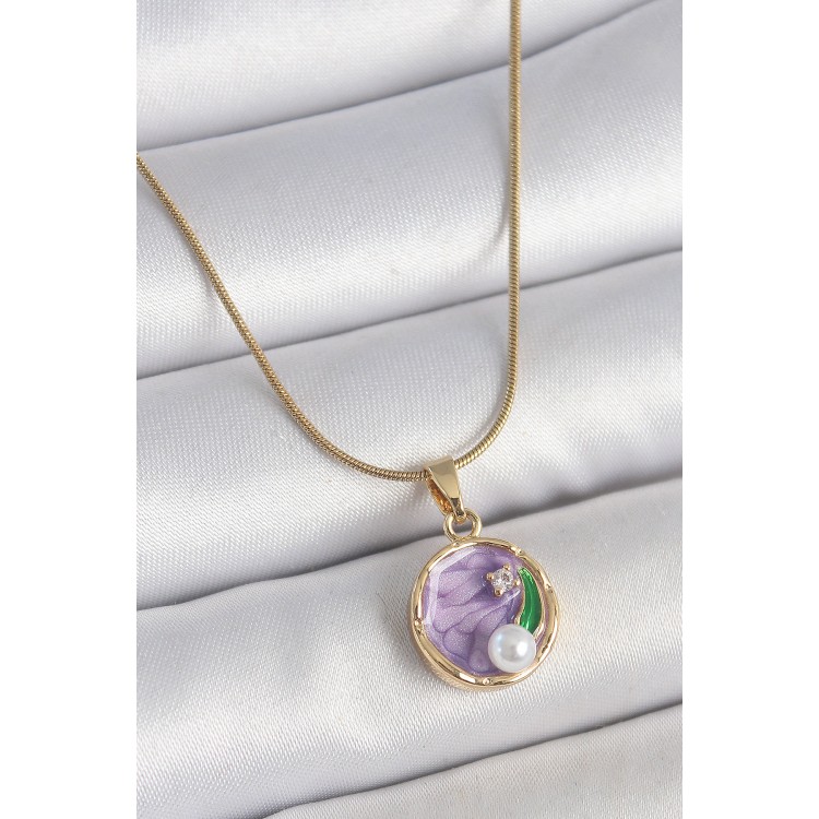 316L Çelik Gold Renk Zincir Mor Çiçek İşlemeli Zirkon Taş İnci Detaylı Minimal Portre Model Kadın Kolye - TJ-BKO10134 316L Çelik Gold Renk Zincir Mor Çiçek İşlemeli Zirkon Taş İnci Detaylı Minimal Portre Model Kadın Kolye - TJ-BKO10134