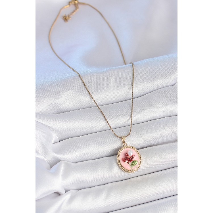 316L Çelik Gold Renk Zincir Pembe Mineli İncili Çiçek İşlemeli Portre Model Kadın Kolye - TJ-BKO10155 316L Çelik Gold Renk Zincir Pembe Mineli İncili Çiçek İşlemeli Portre Model Kadın Kolye - TJ-BKO10155
