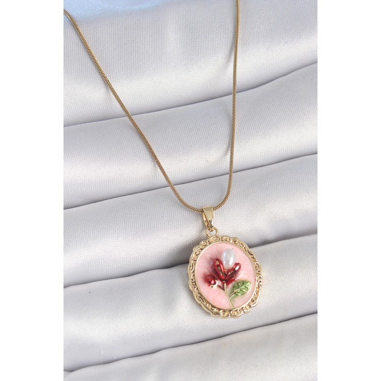 316L Çelik Gold Renk Zincir Pembe Mineli İncili Çiçek İşlemeli Portre Model Kadın Kolye - TJ-BKO10155