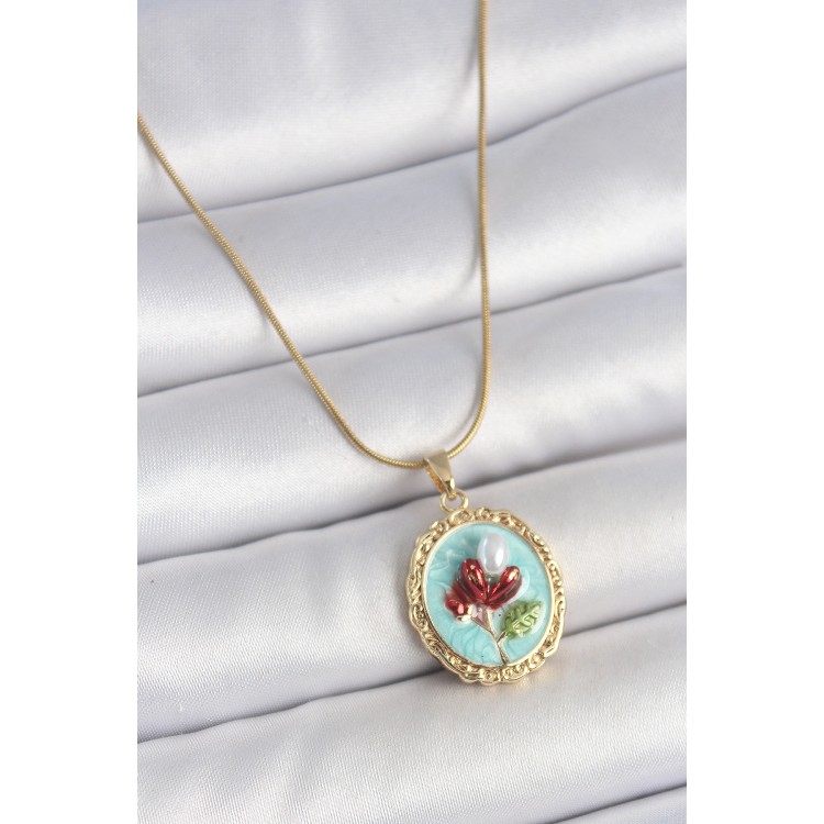 316L Çelik Gold Renk Zincir Turkuaz Mineli İncili Çiçek İşlemeli Portre Model Kadın Kolye - TJ-BKO10157 316L Çelik Gold Renk Zincir Turkuaz Mineli İncili Çiçek İşlemeli Portre Model Kadın Kolye - TJ-BKO10157