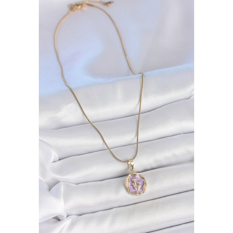 316L Çelik Gold Renk Zincir Mor Mineli Çiçek İşlemeli Portre Model Kadın Kolye - TJ-BKO10164 316L Çelik Gold Renk Zincir Mor Mineli Çiçek İşlemeli Portre Model Kadın Kolye - TJ-BKO10164
