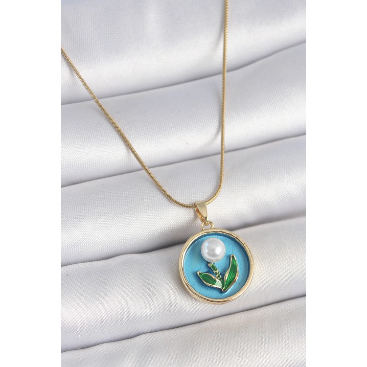 316L Çelik Gold Renk Zincir Mavi Mineli İncili Çiçek İşlemeli Portre Model Kadın Kolye - TJ-BKO10168