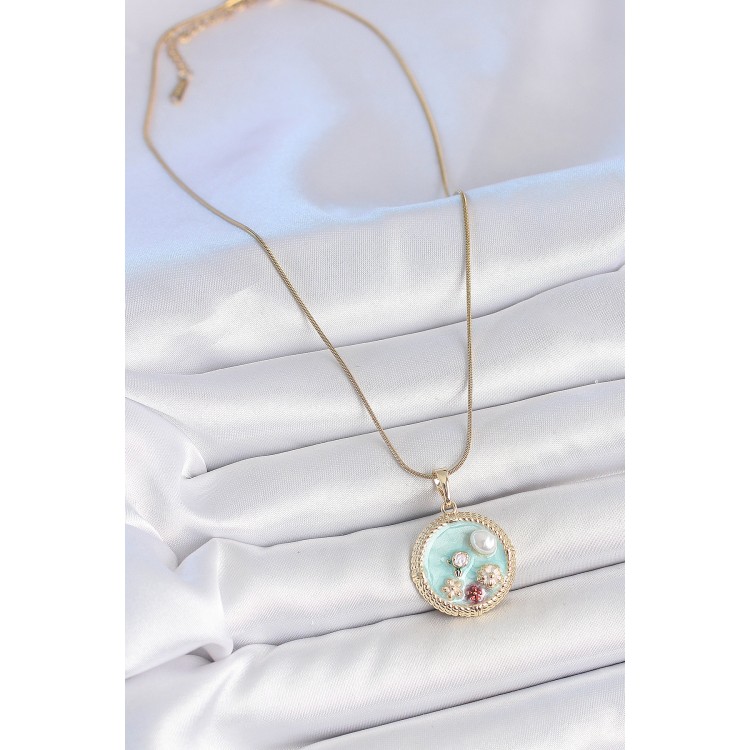316L Çelik Gold Renk Zincir Mavi Mineli İnci Çiçek İşlemeli Zirkon Taş Detaylı Madalyon Model Kadın Kolye - TJ-BKO10174