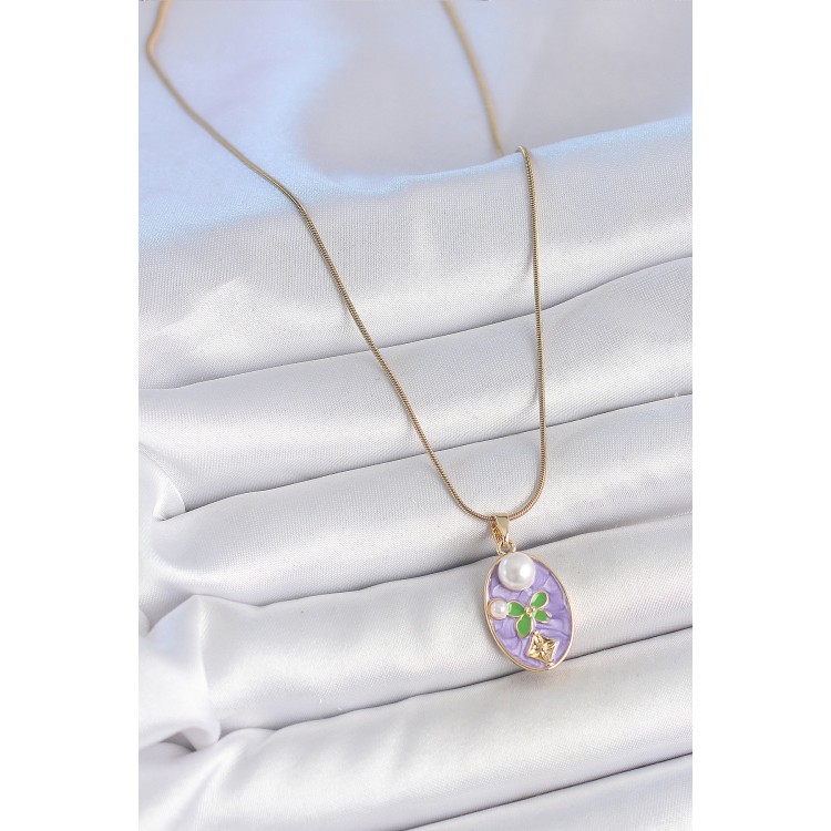 316L Çelik Gold Renk Zincir Mor Mineli Oval İncili Çiçek İşlemeli Portre Model Kadın Kolye - TJ-BKO10177