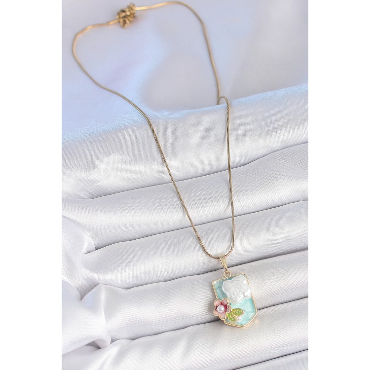 316L Çelik Gold Renk Zincir Mavi Mineli İncili Çiçek İşlemeli Portre Model Kadın Kolye - TJ-BKO10187 316L Çelik Gold Renk Zincir Mavi Mineli İncili Çiçek İşlemeli Portre Model Kadın Kolye - TJ-BKO10187