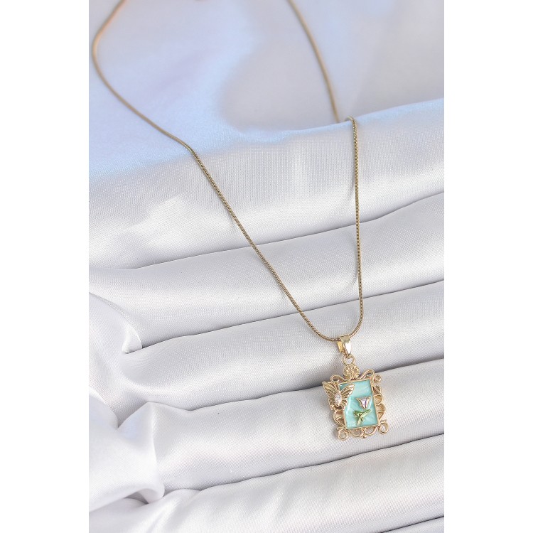 316L Çelik Gold Renk Zincir Mavi Mineli Çiçek İşlemeli Zirkon Taşlı Kelebek Detay Portre Model Kadın Kolye - TJ-BKO10189 316L Çelik Gold Renk Zincir Mavi Mineli Çiçek İşlemeli Zirkon Taşlı Kelebek Detay Portre Model Kadın Kolye - TJ-BKO10189