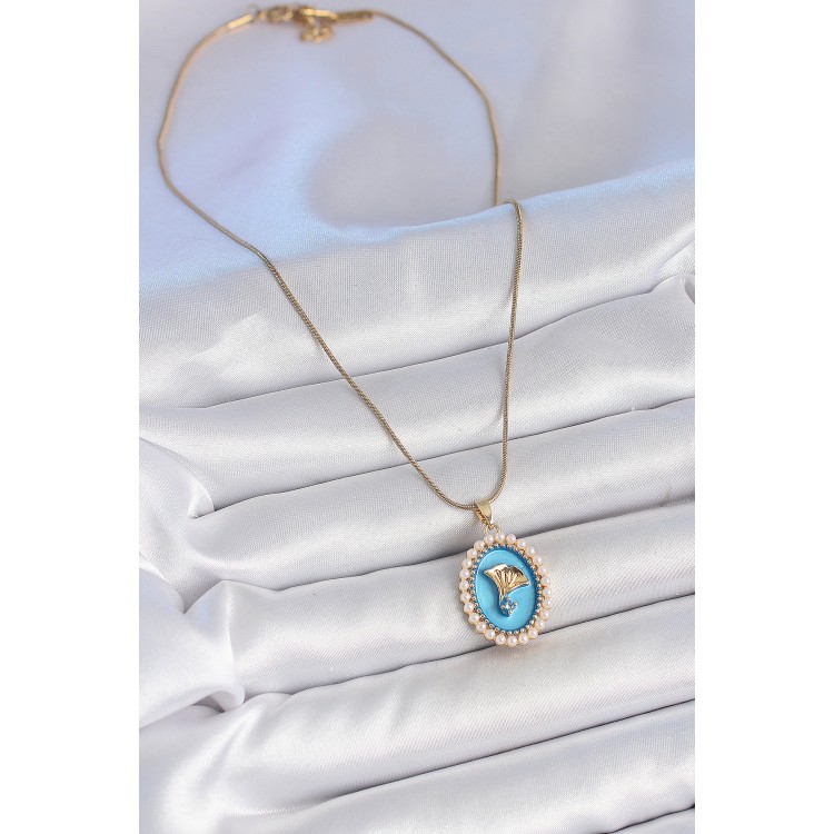 316L Çelik Gold Renk Zincir Mavi Mineli İncili Zirkon Taşlı Çiçek İşlemeli Portre Model Kadın Kolye - TJ-BKO10196