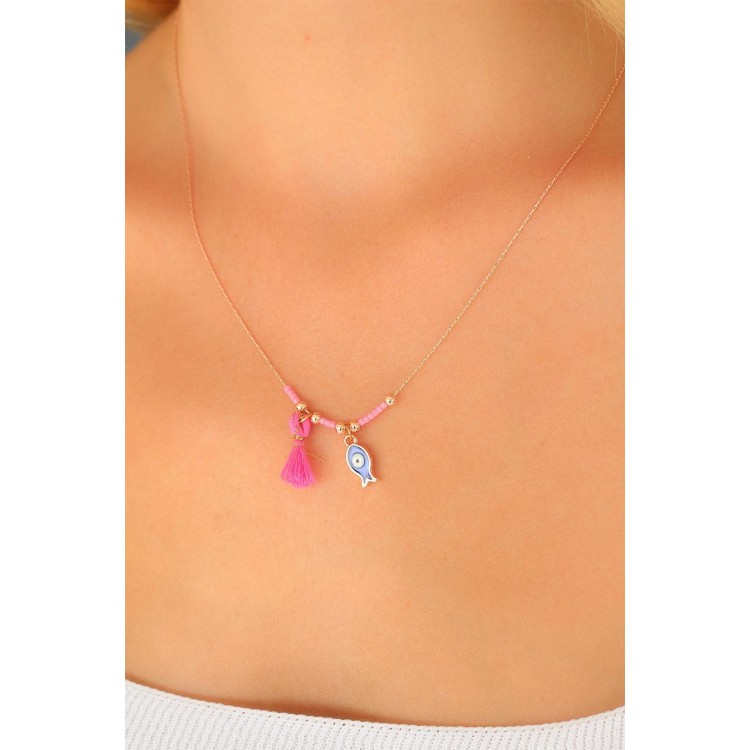 Nazar Boncuklu Pembe Renk Taşlı Rose Bayan Kolye - TJ-BKO4372 Nazar Boncuklu Pembe Renk Taşlı Rose Bayan Kolye - TJ-BKO4372