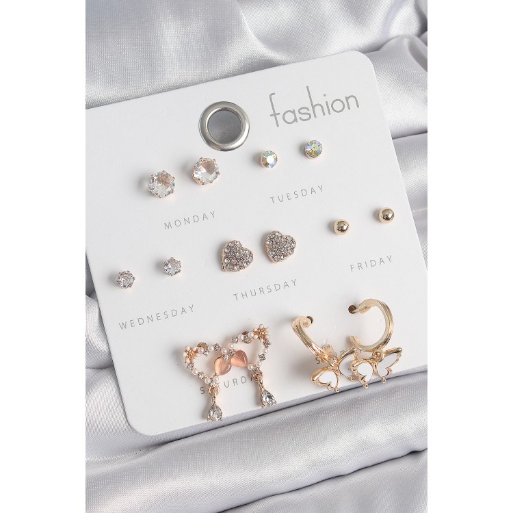 Pirinç Gold Renk Zirkon Taşlı Sallantılı Kalp Figür Kelebek Detay 7 Çift Kadın Küpe Seti - TJ-BKP10539 Pirinç Gold Renk Zirkon Taşlı Sallantılı Kalp Figür Kelebek Detay 7 Çift Kadın Küpe Seti - TJ-BKP10539