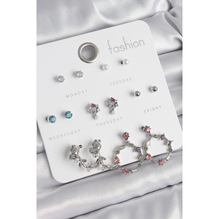 Pirinç Gümüş Renk Zirkon Taşlı Gül Figür Halka Model 7 Çift Kadın Küpe Seti - TJ-BKP10544