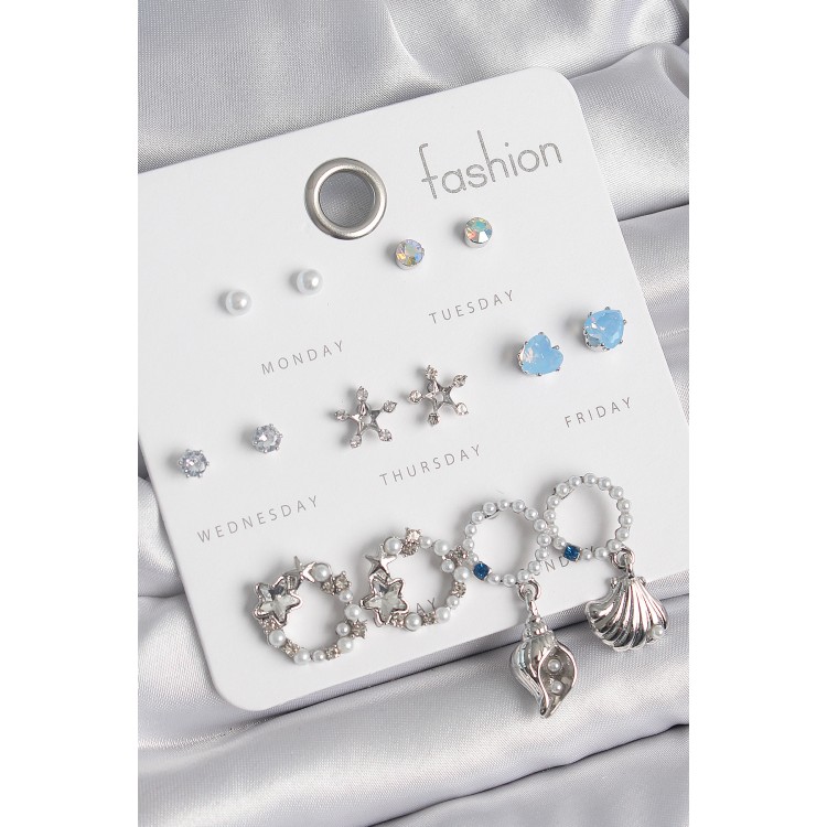 Pirinç Gümüş Renk İncli Zirkon Taşlı Halka Figür Yıldız Detay 7 Çift Kadın Küpe Seti - TJ-BKP10547 Pirinç Gümüş Renk İncli Zirkon Taşlı Halka Figür Yıldız Detay 7 Çift Kadın Küpe Seti - TJ-BKP10547