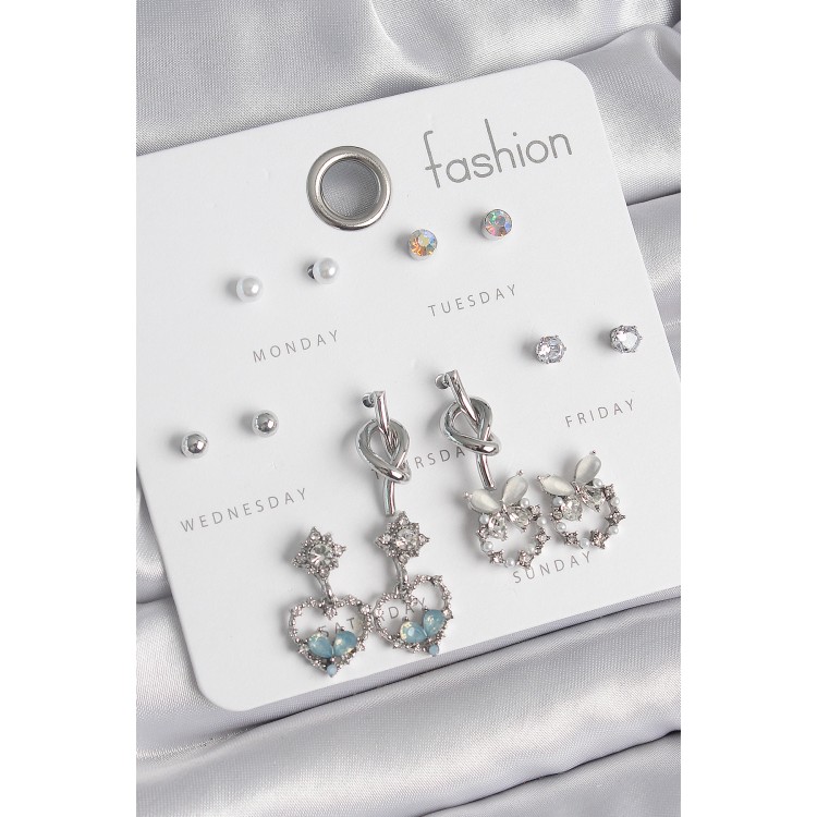 Pirinç Gümüş Renk Sallantı Zirkon Taşlı Kalp Model Düğüm Detay 7 Çift Kadın Küpe Seti - TJ-BKP10548