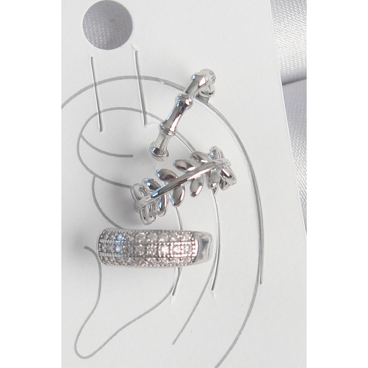 Pirinç Gümüş Renk Zirkon Taşlı 3'Lü Model Yaprak Figür Kadın Kıkırdak Küpe - TJ-BKP10564 Pirinç Gümüş Renk Zirkon Taşlı 3'Lü Model Yaprak Figür Kadın Kıkırdak Küpe - TJ-BKP10564