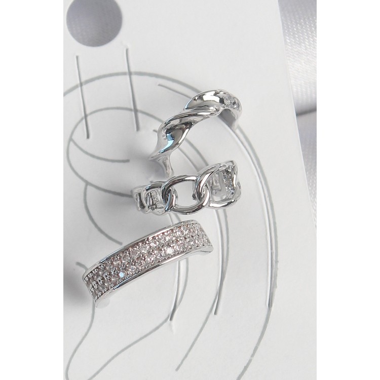 Pirinç Gümüş Renk Zirkon Taşlı 3'Lü Zincir Sarmal Model Kadın Kıkırdak Küpe - TJ-BKP10565 Pirinç Gümüş Renk Zirkon Taşlı 3'Lü Zincir Sarmal Model Kadın Kıkırdak Küpe - TJ-BKP10565