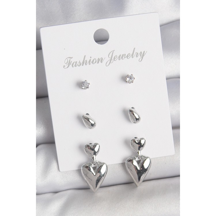 Pirinç Gümüş Renk Zirkon Taşlı Sallantılı Kalp Model 3 Çift Kadın Küpe Seti - TJ-BKP10592
