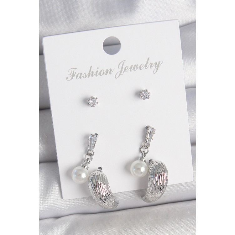 Pirinç Gümüş Renk Sallantılı Zirkon Taşlı Damla Model 3 Çift Kadın Küpe Seti - TJ-BKP10593