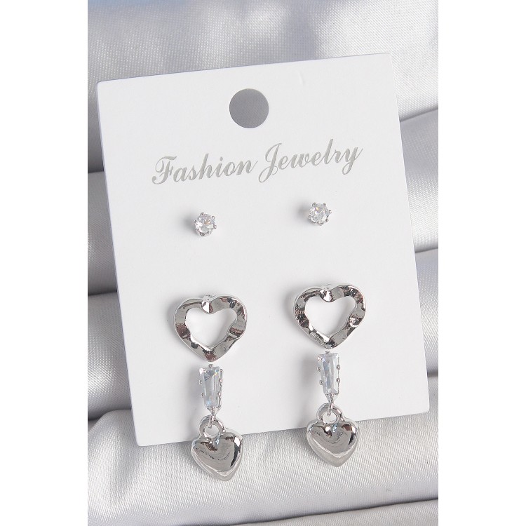 Pirinç Gümüş Renk Zirkon Taş Detaylı Sallantı Model 2 Çift Kadın Küpe Seti - TJ-BKP10595 Pirinç Gümüş Renk Zirkon Taş Detaylı Sallantı Model 2 Çift Kadın Küpe Seti - TJ-BKP10595