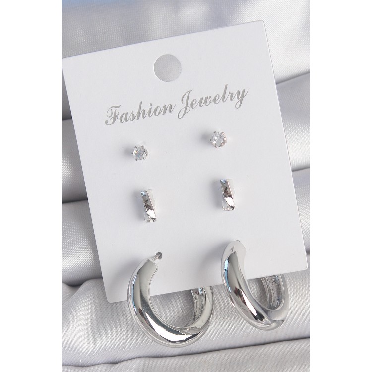 Pirinç Gümüş Renk Zirkon Taş Detay Halka Model 3 Çift Kadın Küpe Seti - TJ-BKP10598 Pirinç Gümüş Renk Zirkon Taş Detay Halka Model 3 Çift Kadın Küpe Seti - TJ-BKP10598