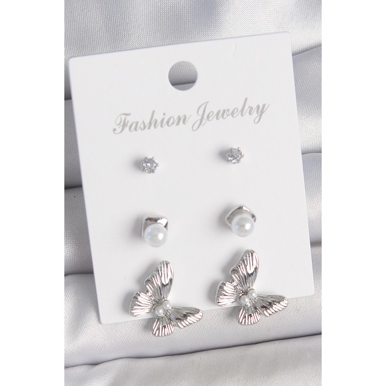 Pirinç Gümüş Renk Zirkon Taşlı İnci Detaylı Kelebek Model 3 Çift Kadın Küpe Seti - TJ-BKP10602