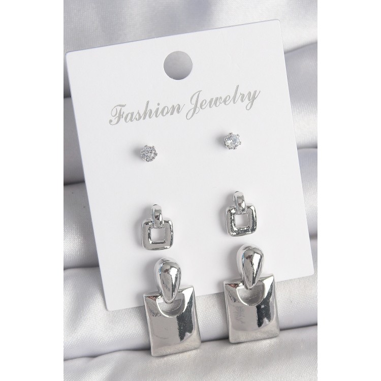 Pirinç Gümüş Renk Zirkon Taş Detay Sallantılı Kare Model 3 Çift Kadın Küpe Seti - TJ-BKP10603 Pirinç Gümüş Renk Zirkon Taş Detay Sallantılı Kare Model 3 Çift Kadın Küpe Seti - TJ-BKP10603