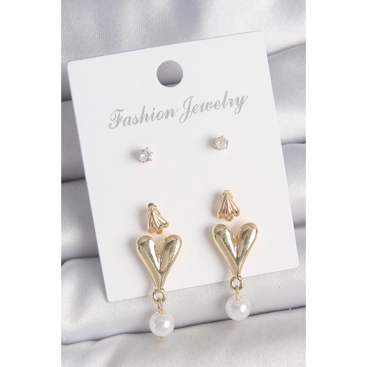 Pirinç Gold Renk Zirkon Taşlı İncili Sallantılı Kalp Model 3 Çift Kadın Küpe Seti - TJ-BKP10608 Pirinç Gold Renk Zirkon Taşlı İncili Sallantılı Kalp Model 3 Çift Kadın Küpe Seti - TJ-BKP10608