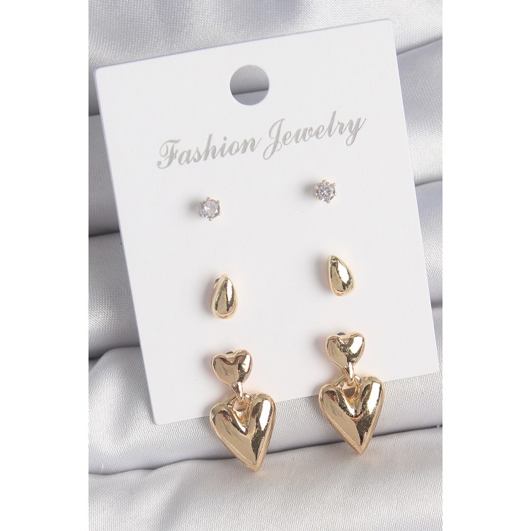 Pirinç Gold Renk Zirkon Taşlı Sallantılı Kalp Model 3 Çift Kadın Küpe Seti - TJ-BKP10610 Pirinç Gold Renk Zirkon Taşlı Sallantılı Kalp Model 3 Çift Kadın Küpe Seti - TJ-BKP10610