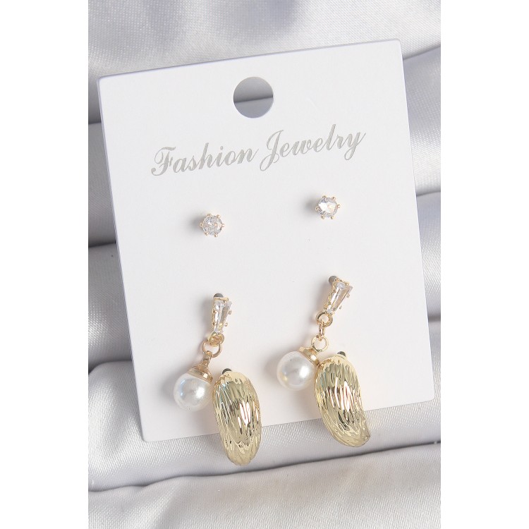 Pirinç Gold Renk Zirkon Taşlı İncili Sallantılı İşlemeli Damla Model 3 Çift Kadın Küpe Seti - TJ-BKP10611 Pirinç Gold Renk Zirkon Taşlı İncili Sallantılı İşlemeli Damla Model 3 Çift Kadın Küpe Seti - TJ-BKP10611