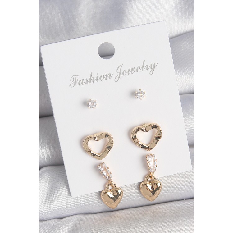 Pirinç Gold Renk Zirkon Taşlı Sallantı Kalp Model Kadın 3 Çift Küpe Seti - TJ-BKP10613 Pirinç Gold Renk Zirkon Taşlı Sallantı Kalp Model Kadın 3 Çift Küpe Seti - TJ-BKP10613