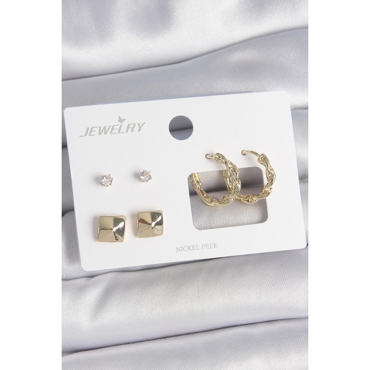 Pirinç Gold Renk Burgu Halka Model Zirkon Taşlı Kare Detay 3 Çift Kadın Küpe Seti - TJ-BKP10623 Pirinç Gold Renk Burgu Halka Model Zirkon Taşlı Kare Detay 3 Çift Kadın Küpe Seti - TJ-BKP10623