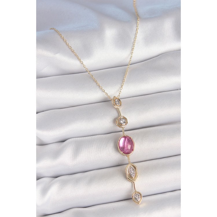 Pirinç Zincir Gold Renk Pembe Zirkon Taşlı Y Kolye - TJ-BKO10228 Pirinç Zincir Gold Renk Pembe Zirkon Taşlı Y Kolye - TJ-BKO10228