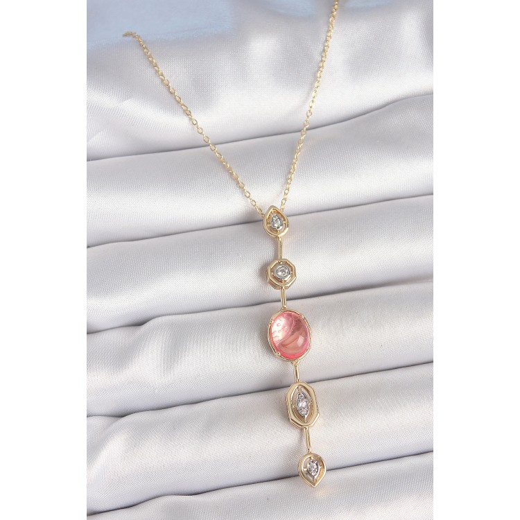 Pirinç Zincir Pembe Gold Renk Zirkon Taşlı Y Kolye - TJ-BKO10231 Pirinç Zincir Pembe Gold Renk Zirkon Taşlı Y Kolye - TJ-BKO10231