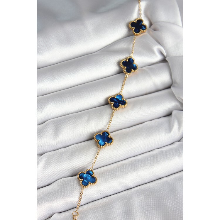 316L Çelik Sedefli Lacivert Gold Renk Yonca Kadın Bileklik - TJ-BB6964