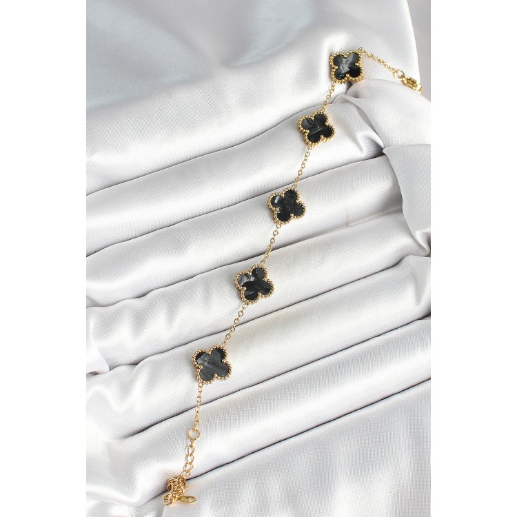 316L Çelik Sedefli Siyah Gold Renk Yonca Kadın Bileklik - TJ-BB6969